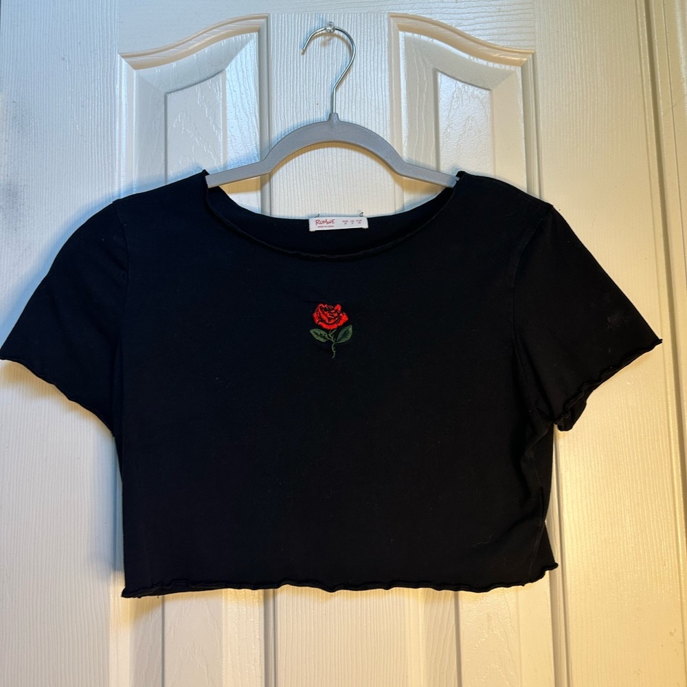 Black Stitched Rose Cropped Baby Tee